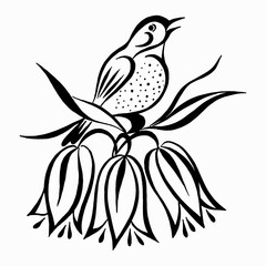 Bird and flowers ornament. Bird sits on flowers stylized drawing. Black and white vector illustration. Linear drawing. Tattoo design. Calligraphic ink drawing.