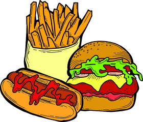 Fast food collection for tasty eating. Unhealthy junk snaks to take away for picnic outdoor. Hand drawn illustration for cafe, restaurant menu, poster or logo design. Cartoon style vector drawing.