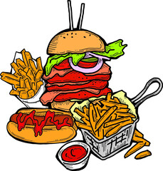 Fast food collection for tasty eating. Unhealthy junk snaks to take away for picnic outdoor. Hand drawn illustration for cafe, restaurant menu, poster or logo design. Cartoon style vector drawing.