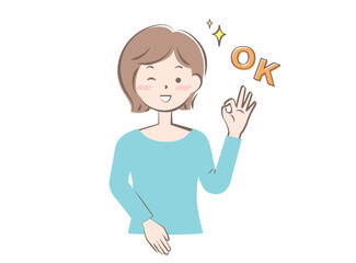 OKサインを出す若い私服の女性