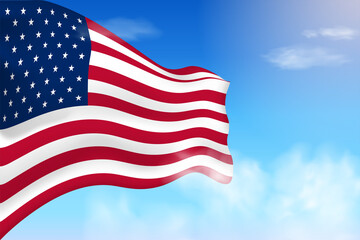 Fototapeta premium United States flag in the clouds. Vector flag waving in the sky. National day realistic flag illustration. Blue sky vector. 
