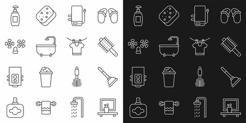 Set line Washbasin mirror, Rubber plunger, Hairbrush, Electric boiler, Bathtub, Water tap, Bottle of liquid soap and Drying clothes icon. Vector