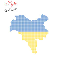 Dotted pixelated map of Kyiv, capital of Ukraine, in national blue and yellow colors of Flag. With text of english and ukrainian lanquages. White background. Posters, postcards. Vector illustration.