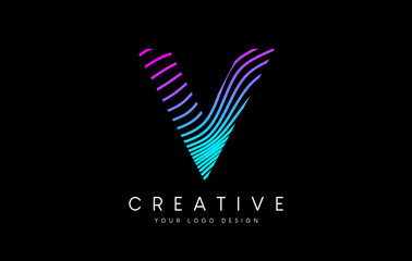 Warp Zebra Lines Letter V logo Design with Neon Purple Lines and Creative Icon Vector