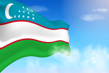 Uzbekistan flag in the clouds. Vector flag waving in the sky. National day realistic flag illustration. Blue sky vector.	