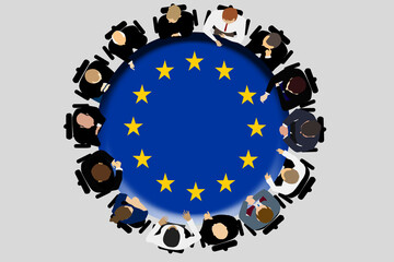 Politicians or authority figures from the EU boss group are discussing strategy around a round table with the EU flag on it. European Parliament. Top view illustration