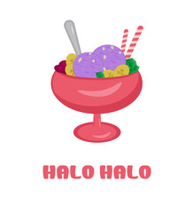 Philippine Cuisine Halo Halo or Traditional Shaved Ice Milk with Various Fruits and Beans