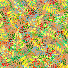 Fototapeta na wymiar Bright chaotic leaves, small wild herbs and flowers seamless pattern
