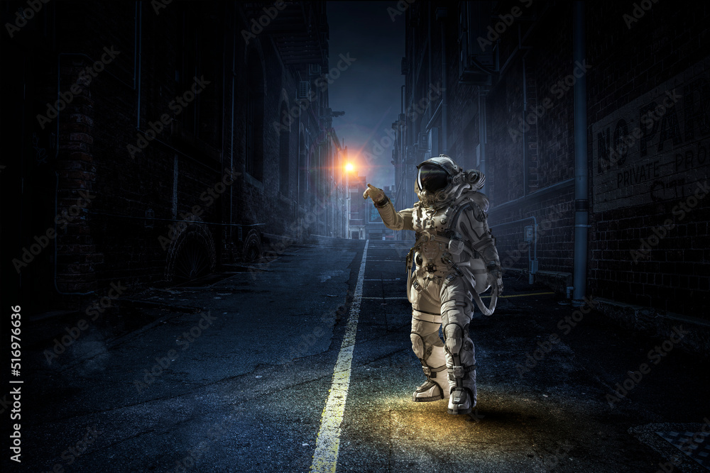 Poster astronaut walking on an unexplored planet