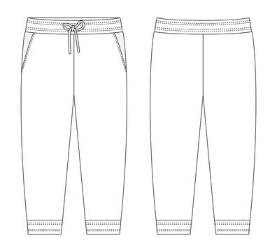Sport style pants with pockets technical sketch. KIds trousers design template.