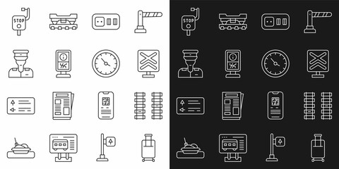 Obraz na płótnie Canvas Set line Suitcase, Railway, railroad track, Railroad crossing, Electrical outlet, Information stand, Train conductor, Emergency brake and station clock icon. Vector