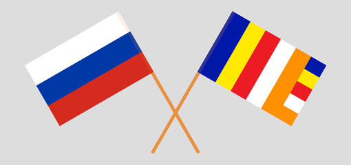 Crossed flags of Russia and Buddhism. Official colors. Correct proportion