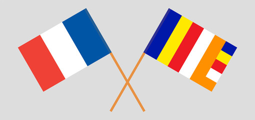 Fototapeta na wymiar Crossed flags of France and Buddhism. Official colors. Correct proportion