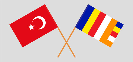 Crossed flags of Turkiye and Buddhism. Official colors. Correct proportion