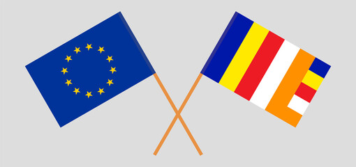 Crossed flags of the European Union and Buddhism. Official colors. Correct proportion