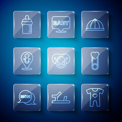 Set line Speech bubble mom, Baby shoes, clothes, hat, dummy pacifier, bottle and pin icon. Vector