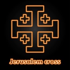 Jerusalem cross neon sign, modern glowing banner design, colorful modern design trends on black background. Vector illustration.