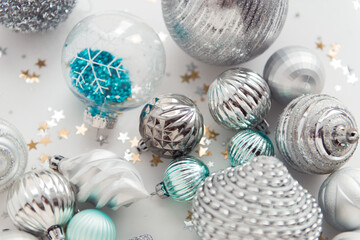 festive christmas balls composition silver and blue color