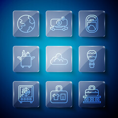 Set line Radar with targets on monitor, Suitcase, Conveyor belt suitcase, Airplane window, Cloud weather, Trolley for food, Worldwide and Hot air balloon icon. Vector