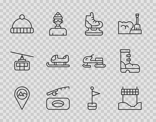 Set line Location with mountain, Ribbon finishing line, Skates, Winter fishing, hat, Sled, marker and Waterproof rubber boot icon. Vector