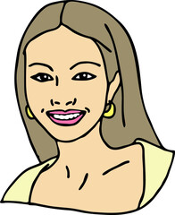 Beautiful young woman smiling with white teeth. Model girl for beauty salon, hairdressing, cosmetic shop. Girl with long blond hair and big eyes. Hand drawn illustration. Comic cartoon vector drawing.