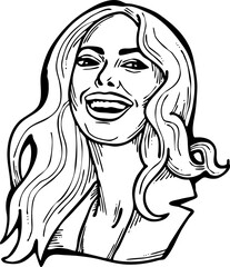Beautiful young woman smiling with white teeth. Model girl for beauty salon, hairdressing, cosmetic shop. Girl with long blond hair and big eyes. Hand drawn illustration. Comic cartoon vector drawing.