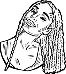 Beautiful young woman smiling with white teeth. Model girl for beauty salon, hairdressing, cosmetic shop. Girl with long blond hair and big eyes. Hand drawn illustration. Comic cartoon vector drawing.