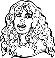 Beautiful young woman smiling with white teeth. Model girl for beauty salon, hairdressing, cosmetic shop. Girl with long blond hair and big eyes. Hand drawn illustration. Comic cartoon vector drawing.