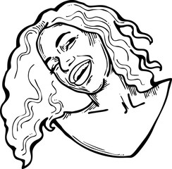 Beautiful young woman smiling with white teeth. Model girl for beauty salon, hairdressing, cosmetic shop. Girl with long blond hair and big eyes. Hand drawn illustration. Comic cartoon vector drawing.