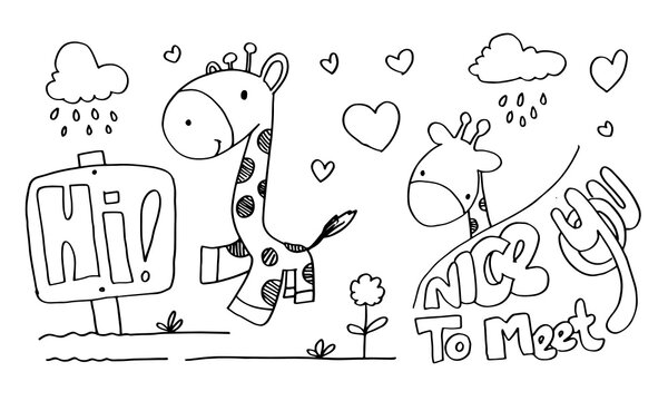 Cute adorable giraffe greeting with hi nice to meet you cartoon doodle on white background.