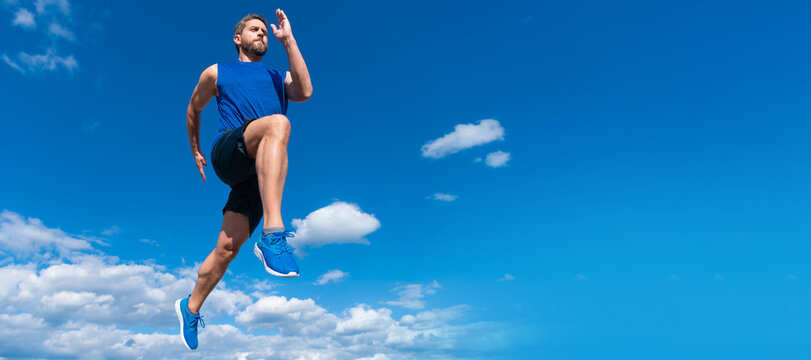 Man running and jumping, banner with copy space. fitness guy wear sportswear. full of energy. feel freedom. marathon speed.