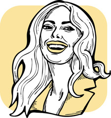 Beautiful young woman smiling with white teeth. Model girl for beauty salon, hairdressing, cosmetic shop. Girl with long blond hair and big eyes. Hand drawn illustration. Comic cartoon vector drawing.