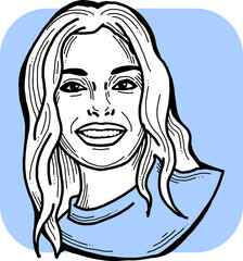 Beautiful young woman smiling with white teeth. Model girl for beauty salon, hairdressing, cosmetic shop. Girl with long blond hair and big eyes. Hand drawn illustration. Comic cartoon vector drawing.