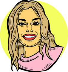 Beautiful young woman smiling with white teeth. Model girl for beauty salon, hairdressing, cosmetic shop. Girl with long blond hair and big eyes. Hand drawn illustration. Comic cartoon vector drawing.