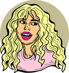 Beautiful young woman smiling with white teeth. Model girl for beauty salon, hairdressing, cosmetic shop. Girl with long blond hair and big eyes. Hand drawn illustration. Comic cartoon vector drawing.