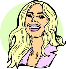 Beautiful young woman smiling with white teeth. Model girl for beauty salon, hairdressing, cosmetic shop. Girl with long blond hair and big eyes. Hand drawn illustration. Comic cartoon vector drawing.