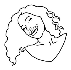 Beautiful young woman smiling with white teeth. Model girl for beauty salon, hairdressing, cosmetic shop. Girl with long blond hair and big eyes. Hand drawn illustration. Comic cartoon style drawing.