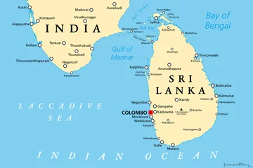 Foto op Aluminium Sri Lanka and part of Southern India, political map. Democratic Socialist Republic of Sri Lanka, formerly known as Ceylon, island country in South Asia and Indian Ocean, with de facto capital Colombo. © Peter Hermes Furian