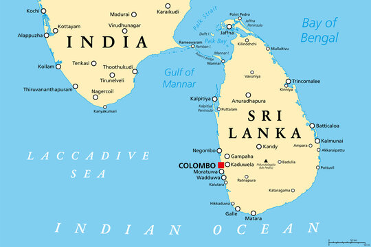 Sri Lanka and part of Southern India, political map. Democratic Socialist Republic of Sri Lanka, formerly known as Ceylon, island country in South Asia and Indian Ocean, with de facto capital Colombo.