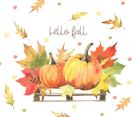 Watercolor autumn background with pumpkin and Maple leaves