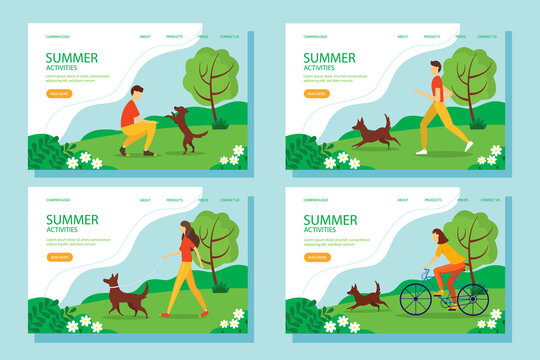 Summer activity web banner set. The concept of an active and healthy lifestyle. Vector illustration in flat style.
