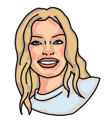 Beautiful young woman smiling with white teeth. Model girl for beauty salon, hairdressing, cosmetic shop. Girl with long blond hair and big eyes. Hand drawn illustration. Comic cartoon style drawing.