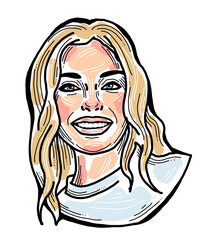 Beautiful young woman smiling with white teeth. Model girl for beauty salon, hairdressing, cosmetic shop. Girl with long blond hair and big eyes. Hand drawn illustration. Comic cartoon style drawing.