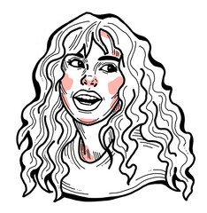 Beautiful young woman smiling with white teeth. Model girl for beauty salon, hairdressing, cosmetic shop. Girl with long blond hair and big eyes. Hand drawn illustration. Comic cartoon style drawing.