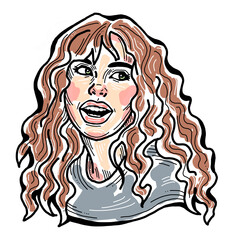 Beautiful young woman smiling with white teeth. Model girl for beauty salon, hairdressing, cosmetic shop. Girl with long blond hair and big eyes. Hand drawn illustration. Comic cartoon style drawing.