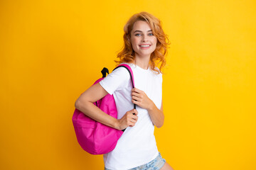 Portrait of happy woman holding backpack. Woman tourist backpacker.