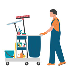 Cleaning service worker walking with a cart full of professional cleaning equipment vector isolated. Cleaner in uniform. Detergent, broom and other household stuff