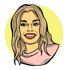 Beautiful young woman smiling with white teeth. Model girl for beauty salon, hairdressing, cosmetic shop. Girl with long blond hair and big eyes. Hand drawn illustration. Comic cartoon style drawing.