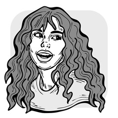 Beautiful young woman smiling with white teeth. Model girl for beauty salon, hairdressing, cosmetic shop. Girl with long blond hair and big eyes. Hand drawn illustration. Comic cartoon style drawing.