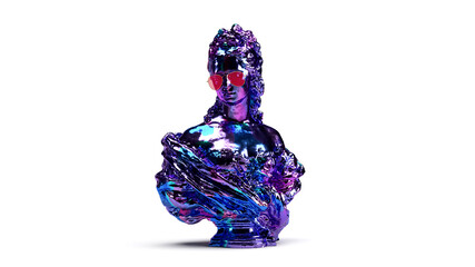 3d render shiny metal bust of a steampunk woman in purple color on a white background art background